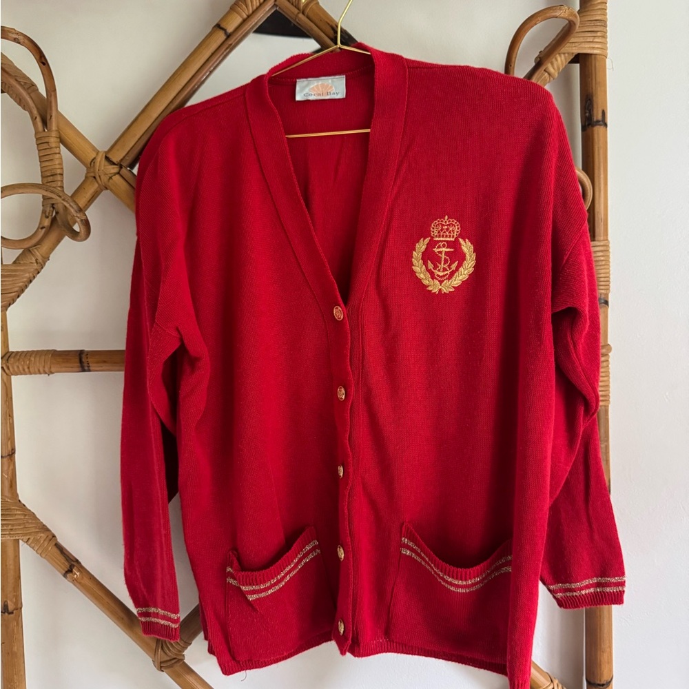 Vintage Nautical Coral Bay Red Cardigan with Embroidered Crest